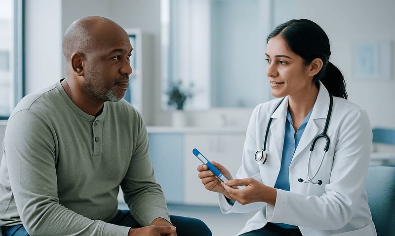 Doctor consulting with a patient in a modern medical office.
