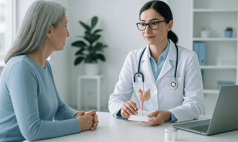 Doctor explaining gut hormone to patient in a medical consultation.