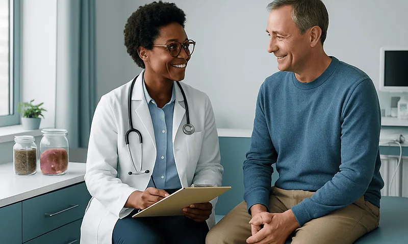 Doctor consulting with a male patient in a medical office setting.