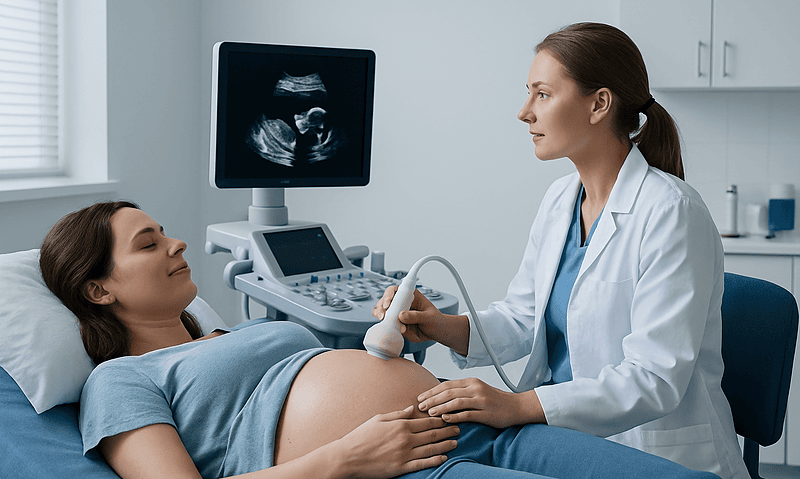 Pregnant woman undergoing ultrasound examination in a medical clinic.