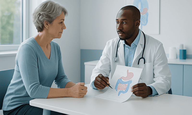 Doctor explaining stomach health to an elderly woman in a medical consultation.