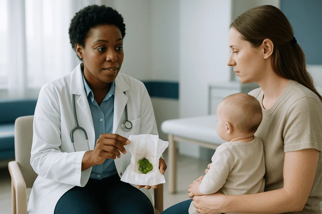 Pediatrician consulting mother about infant health concern: Green baby poop: foremilk, iron and fast transit