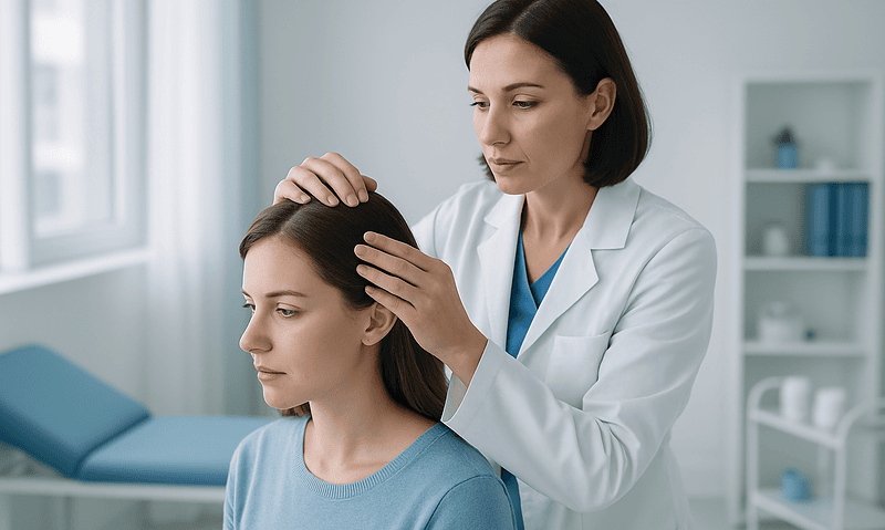 Doctor examining a patient's scalp in a medical clinic setting.