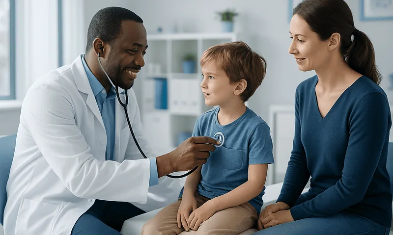 Pediatric consultation at Acibadem Hospital with doctor and mother.