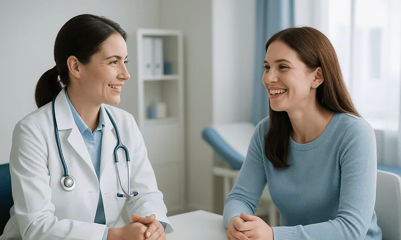 Dentist consulting with a patient about smile aesthetics at Acibadem Hospital.