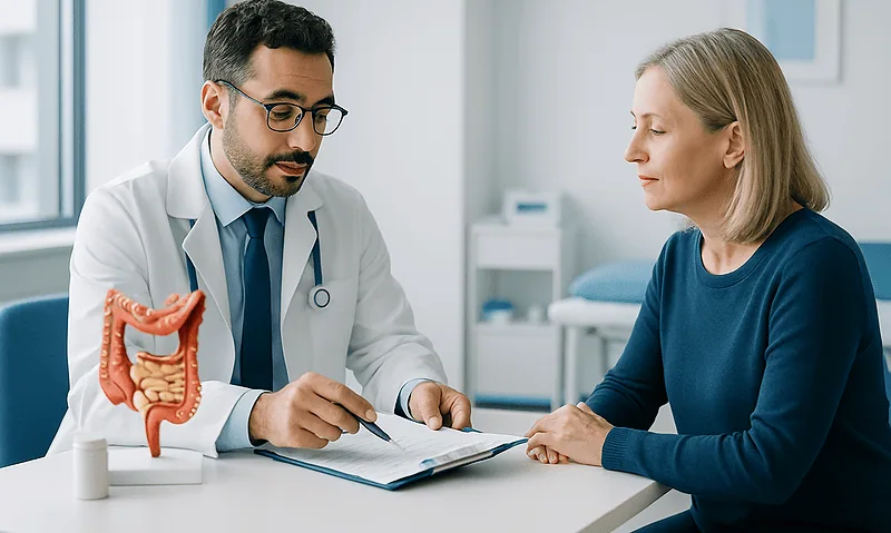 Doctor explaining gut health to a patient in a medical consultation.