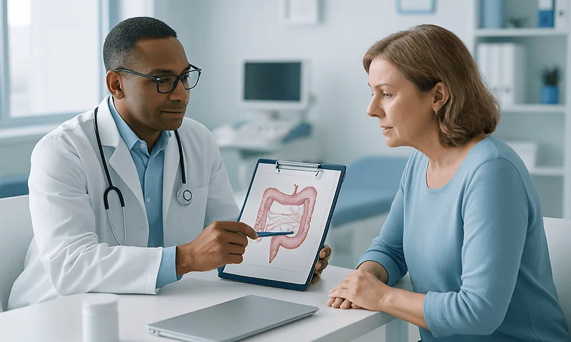 Doctor explaining colon health to a patient with colon diagram.