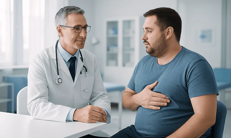 Doctor consulting male patient about gynecomastia treatment options.
