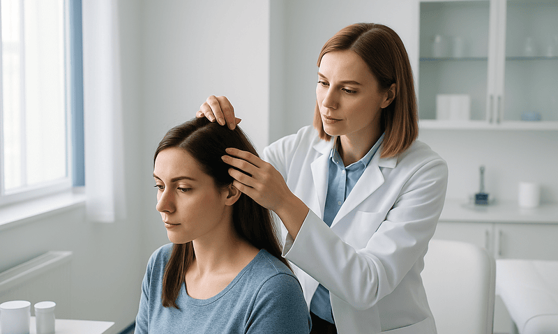 Doctor examining woman's scalp for hair health assessment.