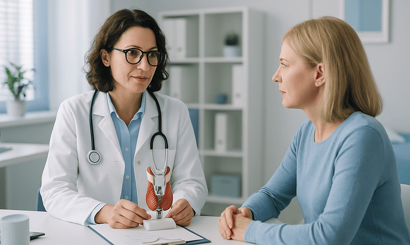 Doctor explaining hair loss patterns to a woman patient in a clinic.