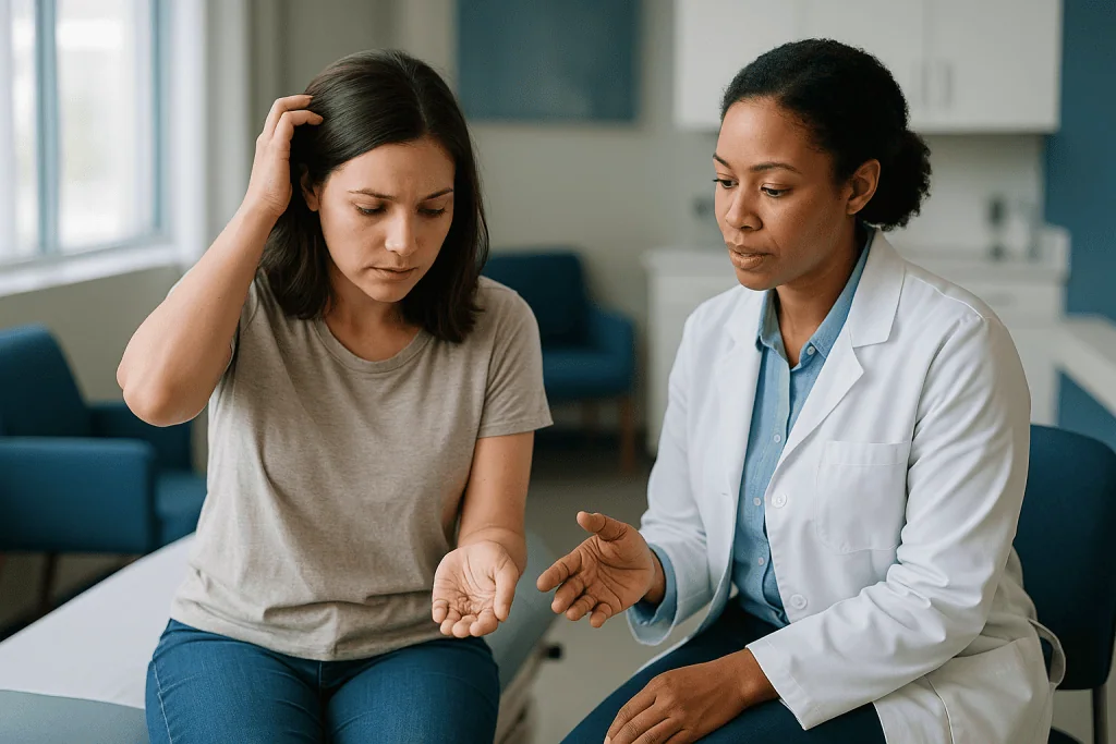 Doctor consulting patient about skin or dermatological concern: Hair shedding vs hair loss: how much is normal?