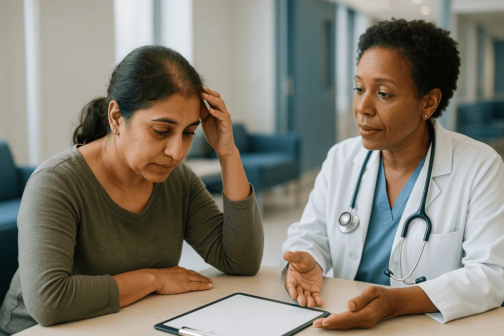 Doctor consulting with patient at desk: Hair thinning causes beyond genetics: the list worth checking