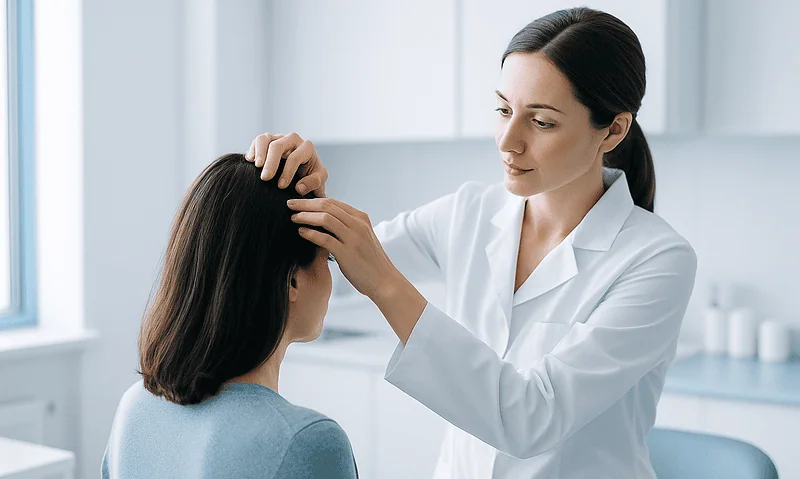 Doctor examining patient's scalp for hair transplant assessment.