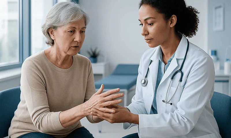 Doctor examining elderly woman's hand for arthritis symptoms.