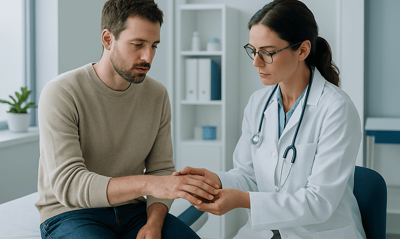Doctor examining patient's hand in a medical consultation room.