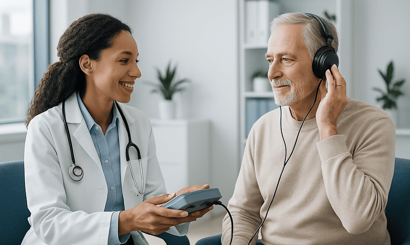 Doctor conducting hearing test with elderly patient in clinic.