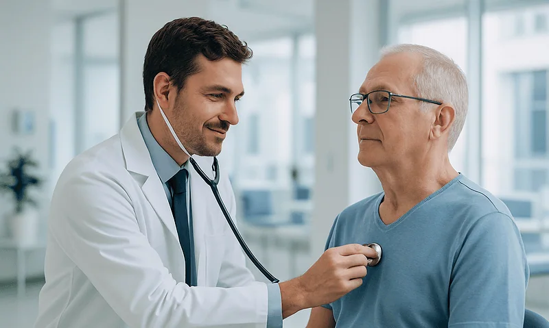 Doctor examining a senior male patient with a stethoscope in a hospital.