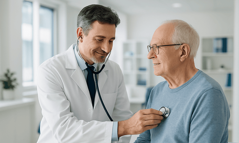 Doctor examining an elderly male patient with a stethoscope in a clinic setting.