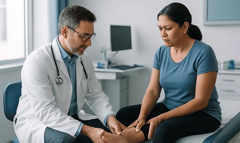 Doctor examining a woman's foot in a clinical setting at Acibadem Hospitals.