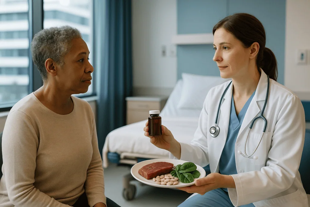 Doctor discussing nutrition with patient holding food plate: Heme iron vs non-heme iron: does the type matter?