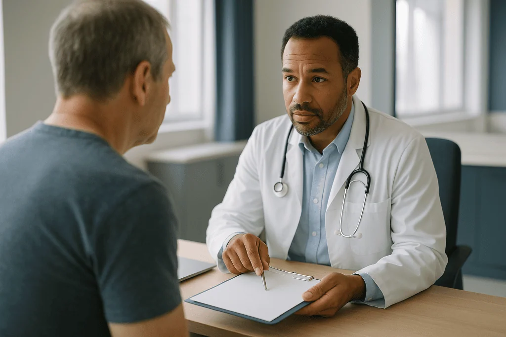 Doctor consultation with patient in clinical office setting: Hemochromatosis specialist referral: hematologist, hepatologist