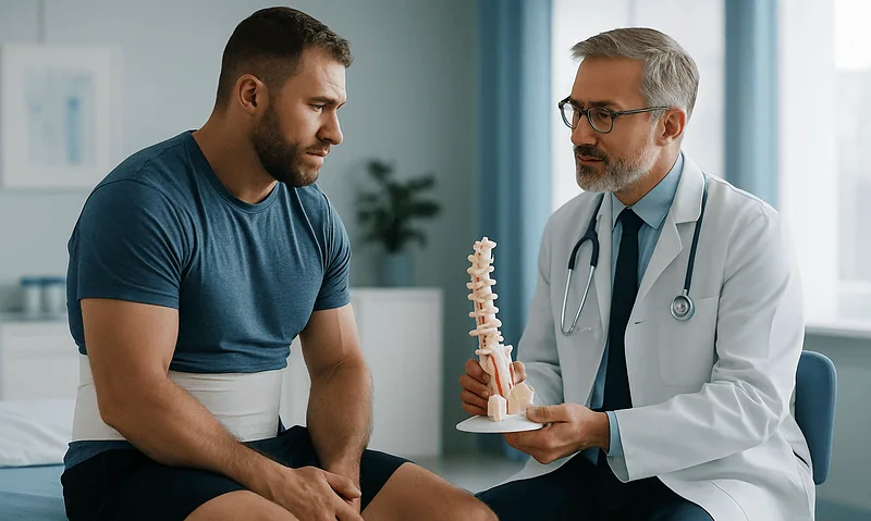 Doctor explaining herniated disc to male patient in consultation room.