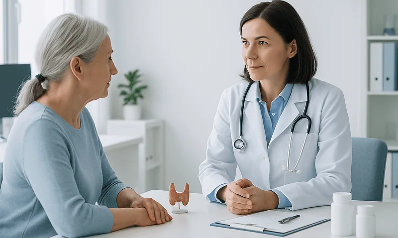 Doctor consulting with an elderly female patient in a medical office.