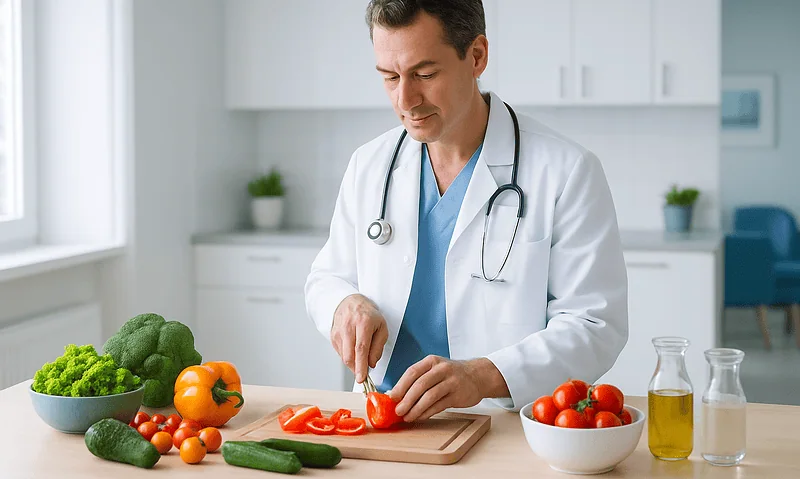 Doctor preparing fresh vegetables in a modern kitchen for a healthy diet.