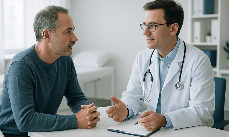High Testosterone in Men: Causes, Signs and When It Signals a Problem 3 Doctor consulting with middle-aged male patient in a medical office.