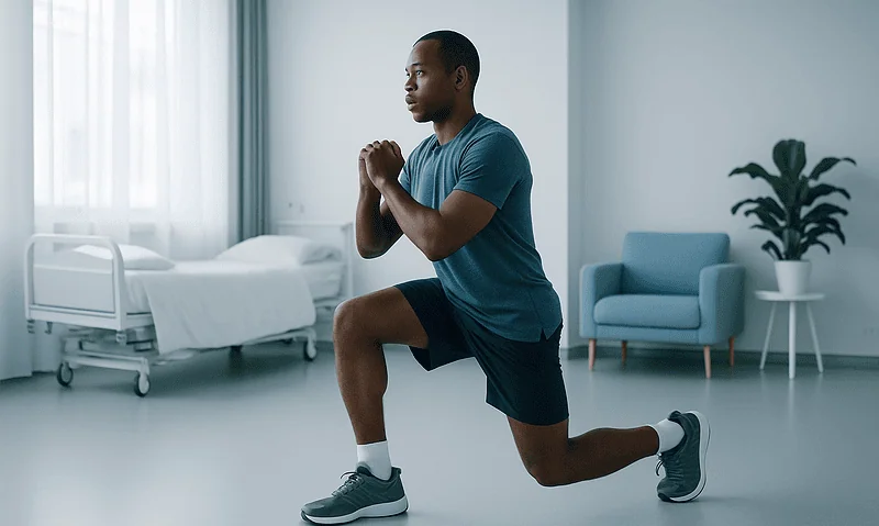 Man performing lunges in a hospital room for hip flexor exercise.
