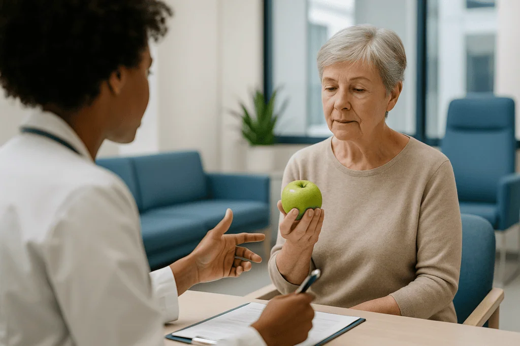 Healthcare provider consulting older adult patient with apple: Holistic treatments for chronic pain: what the evidence actua
