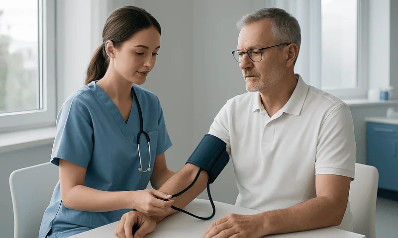 Nurse measuring senior man's blood pressure with a cuff in a clinical setting.
