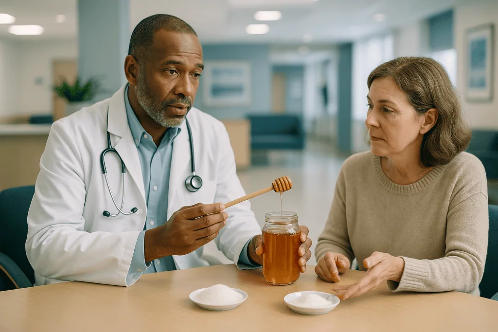 Doctor discussing honey jar with adult female patient: Honey vs sugar: is honey really the healthier choice?