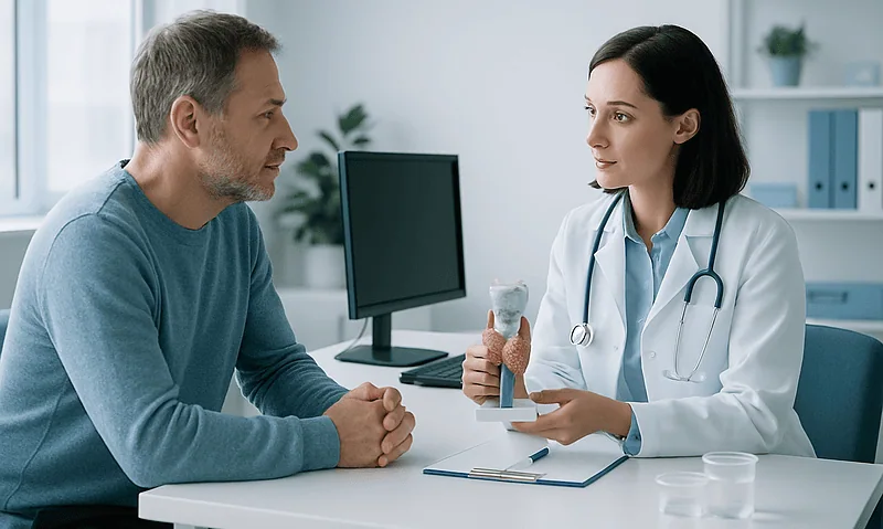 Doctor explaining hormonal acne to patient with thyroid model in clinic.