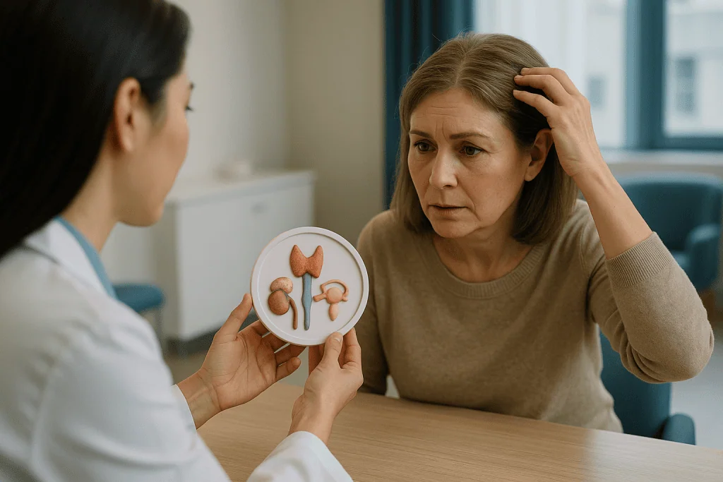 Female patient discussing hair loss with healthcare provider: Hormonal hair loss in women: androgens, thyroid and menopause