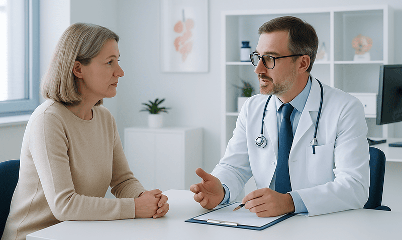 Doctor consulting with a female patient in a modern medical office.