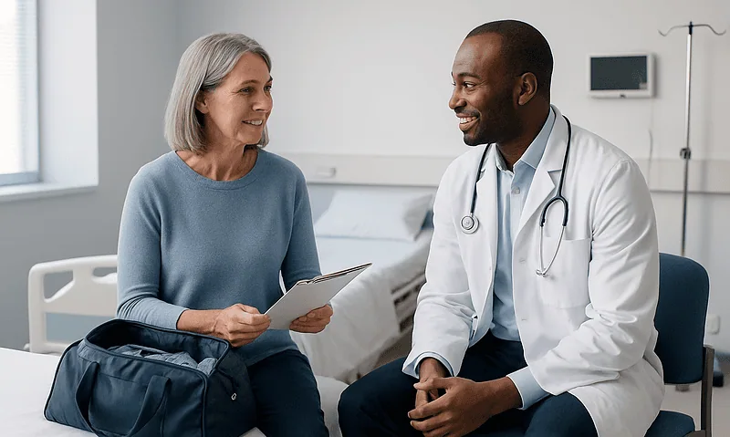Doctor consulting with a senior female patient in a hospital room.