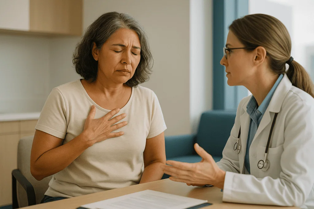 Female patient consulting with female physician about symptoms: Hot flashes causes during perimenopause and menopause: timin