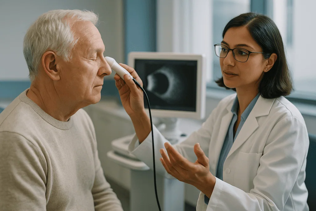 Doctor performing eye examination with ultrasound on elderly patient: How a B-scan ultrasound of the eye works when the view