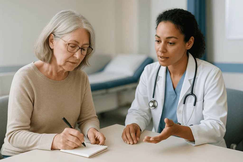 Doctor consulting with older patient during medical appointment: How a bowel diary is actually used in the consultation