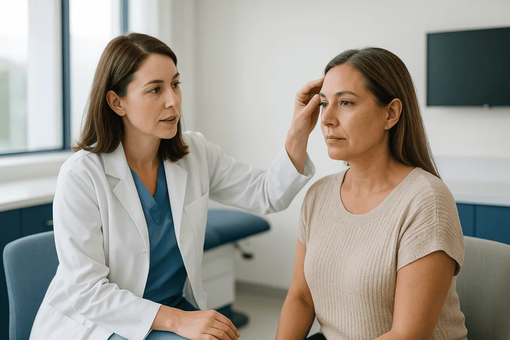 Doctor consulting with patient in clinical office setting: How a brow lift works, in plain language