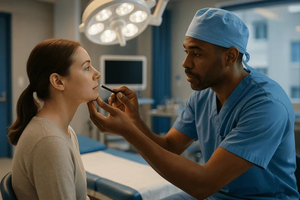Surgeon examining patient's mouth and lip area: How a lip lift works: what actually happens in the operating room