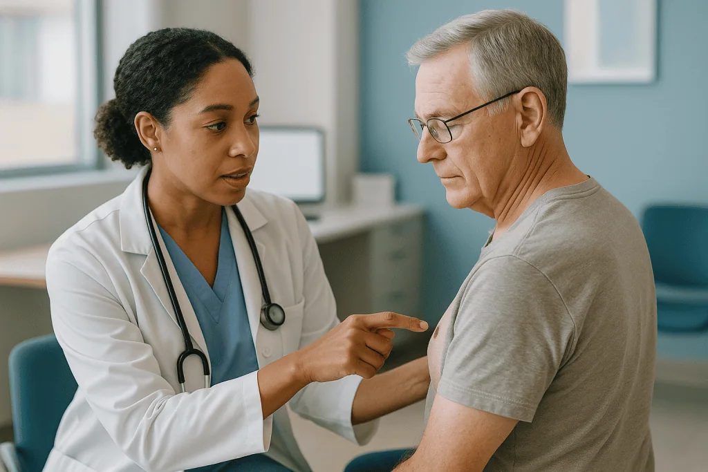 Doctor consulting with male patient in clinical setting: How a melanoma follow-up appointment actually works