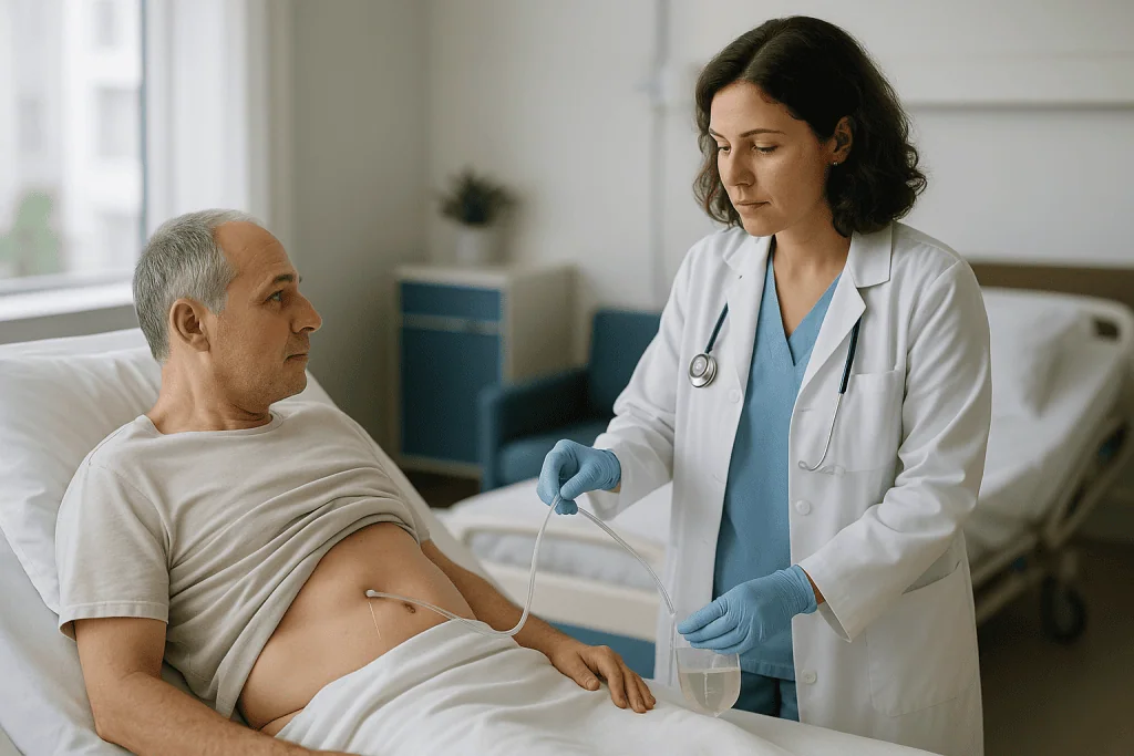 Doctor performing abdominal ultrasound on male patient: How a nephrostomy tube is placed, step by step