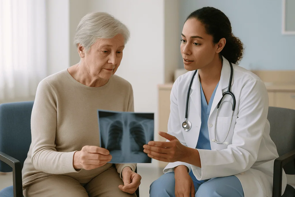 Doctor reviewing chest X-ray with elderly patient: How a surveillance visit usually works, step by step