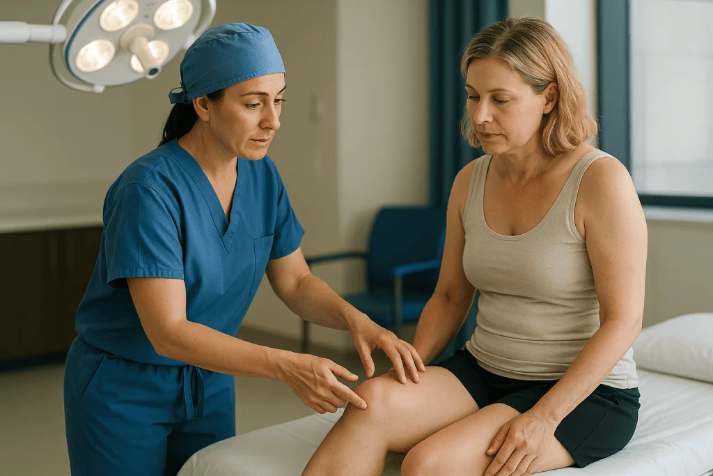 Medical professional examining patient's thigh in clinical setting: How a thigh lift works: what actually happens in the ope