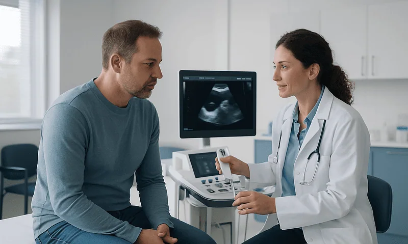 Doctor explains ultrasound results to male patient in clinic.
