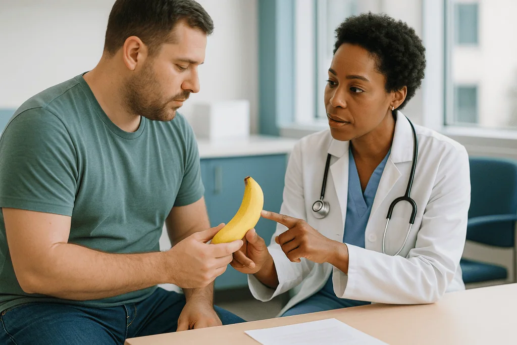 Doctor consulting patient about banana fruit nutrition: How a vasectomy works, and how it can come undone