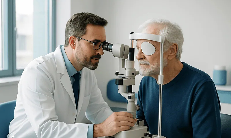 Ophthalmologist examining elderly patient's eye with slit lamp microscope.
