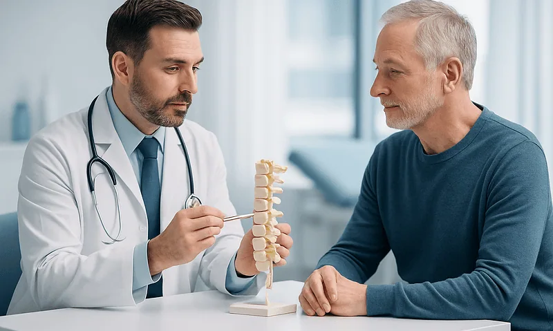 Doctor explaining cervical spine surgery to patient with spine model.